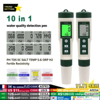 10 In 1 Water Quality Tester PH TDS EC SALT TEMP S.G ORP H2 Fertile Resistivity Detector Pen For Aquarium Swimming Pool