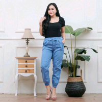 CELANA JOGER SEMI JEANS PANJANG WANITA DEWASA  SEMI JEANS CATON UKURAN XL KARET MELAR TALI HIDUP SAK