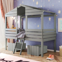 Twin Size Low Loft Wood House Bed with Two Drawers, Gray - Perfect for Kids Bedroom