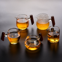 木把玻璃公道杯 日式側把耐熱加厚分茶器大號錘目紋 茶海茶具配件1入