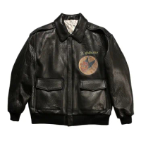 Men's Genuine Sheepskin Leather Jacket Flight Bomber Turn-diwn Collar Coat Male Female Vintage Tops