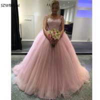 New Arrival Pink Ball gown evening dress Lace Appliques with Beading Evening gowns for women caftan mariage dress evening