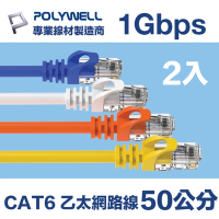 POLYWELL CAT6 高速乙太網路線 UTP 1Gbps 50公分 (2入)