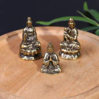 Vintage Brass GuanYin Bodhisattva Meditate Hands Together Pocket Zen Buddha Statue Home Office Desk Decorative Ornament Toy Gift