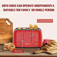 Toaster 4 Slice, Retro Red Extra Wide Slot, Independent Temperature control Toaster