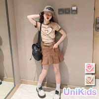 【UniKids】中大童裝2件套裝愛心短袖T恤百摺短裙 女大童裝 VPASY23017(粉色 卡其)
