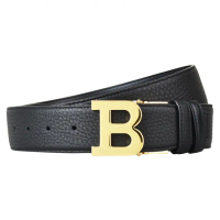 【BALLY】BALLY背面壓印LOGO金字B扣設計牛皮釦式皮帶(寬版/黑)