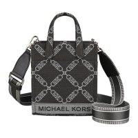 【Michael Kors】MK MICHAEL KORS Gigi復古刺繡LOGO縮寫菱格紋設計帆布手提斜背包(特小號/黑褐x多色)