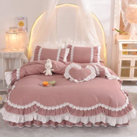 New Korean Princess Style 100% Cotton Bedding Set Romantic Double Layer Ruffles Quilt Cover Set Bed Skirt Bed Linen Pillow Shams