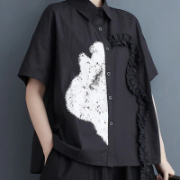 XITAO Asymmetrical Edible Tree Fungus Shirt Contrast Color Splicing Fashion Simplicity Casual Women Shirt Summer New DMJ4066