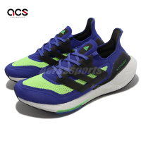 adidas 慢跑鞋 Ultraboost 21 男鞋 藍 螢光綠 反光 緩震 襪套式 路跑 運動鞋 愛迪達 S23873