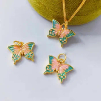 Pure 24K Yellow Gold Pendant Women 999 Gold Pink Butterfly Necklace Pendant 1pcs