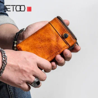 AETOO Men's short leather wallet, retro zipper coin purse, vertical leather men's wallet