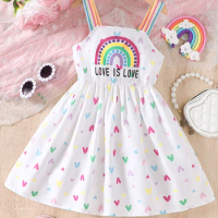 Girls Summer New Product Small Fresh Casual Dress Seven Rainbow Little Love Printed Children's Sling Dress 2-6 Years Old