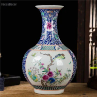 Chinese Hand Painted Ceramic Vase Kangxi Antique Chinese Famille Rose Porcelain Vase Flower and Bird Home Print 40cm Plant Vase