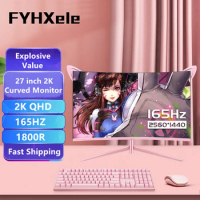 27 inch Curved Monitor 2k 165hz 1800R Pink Gaming Display For Girls Desktop1ms GTG Built-in Speakers Support G-Sync FreeSync PS5