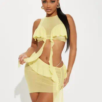 Soefdioo Solid Mesh Sheer Ribbons Two Piece Set Women Sexy Cro Tops and Mini Skirt Matching Summer 2023 Beach Holiday Outfits