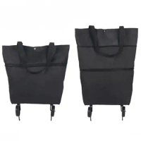 Black Shopping Bag with Wheels Hand Pulling Utility Folding Shopping Cart Trolley Bags Storage