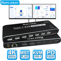 Navceker 2x2 4K 60Hz Thunderbolt 4 USB C KVM Switch Dual Monitor RJ45 100W PD Charge Type C KVM Switcher for 2 Laptop 2 Monitor