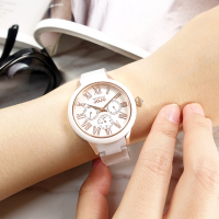 NATURALLY JOJO / 三眼三針 閃耀晶鑽 日期星期 陶瓷手錶-白x玫瑰金框/38mm