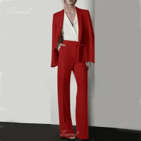 Tesco Chic Blazer Pants For Women Suit Sets Solid Long Sleeve Jacket Straight Leg Trouser 2 Piece Spring Women's Pants Sets