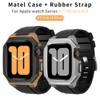 316L Stainless Steel Case Rubber Strap for Apple Watch 45mm 44mm Silicone Band for Iwatch Series8 7 6 SE 5 4 Protective Bracelet