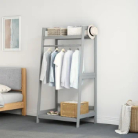 Open Wood Garment Rack - Solid Woods Freestanding Clothing Rack With Storage Shelves and Rod for Hanging Clothes Wardrobe Grey