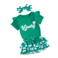 Pudcoco Infant Baby Girls Shorts Set Short Sleeve Letters Print Romper with Shamrock Skort and Hairband Summer Outfit 0-24M