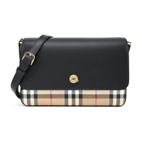 【BURBERRY 巴寶莉】Vintage經典格纹拼皮革 Note 斜背包(迷你/黑色)