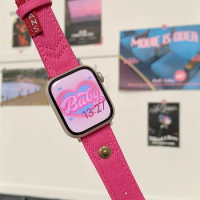 Korea Pink Denim Canvas Leather Watch Band For iWatch Series 8 7 6 5 4 3 SE Girl Casual Strap For Apple Watch 40mm 41mm 44 45 4
