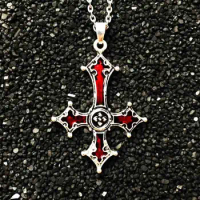 Red Bloody Inverted Cross Pendant Necklace Vintage Gothic Cross Jewelry