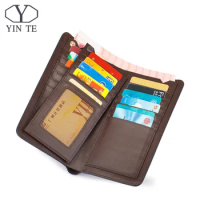YINTE New Men Long Wallets Brown Business Wallet Mens No Brand Leather Card Wallet Purses Portfolio T608A