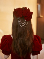 新娘頭飾紅色流蘇蝴蝶結發夾簡約時尚氣質韓式敬酒造型禮服配飾品