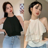 762 Crop Top Atasan Wanita Halter Neck Ruffle Tumpuk
