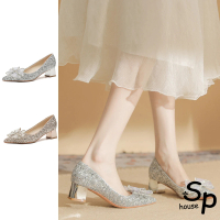 【Sp house】蕾絲緞帶水晶婚紗亮片金屬粗跟鞋(2色可選)