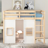 Wood Twin Size Loft Bed with Built-in Storage Wardrobe and 2 Windows, Practical teenage bed for families,single bed for children