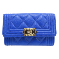 【二手名牌BRAND OFF】CHANEL 香奈兒 藍色 荔枝紋牛皮 Boy 名片夾 A80603