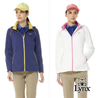 【Lynx Golf】女款內刷毛保暖舒適反光印花設計拉鍊口袋長袖可拆式連帽外套(二色)