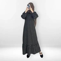 Gamis Wanita Muslim Dewasa Belvina Motif Polkadot Tali Samping Hitam
