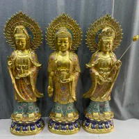 43"Tibetan Temple Collection Old Bronze Cloisonne Enamel Three Sages Shakyamuni Guanyin Buddha Lotus Platform PlatWorship Hall