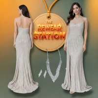 Silver Evening Gown Set Necklace Earrings Formal Dress