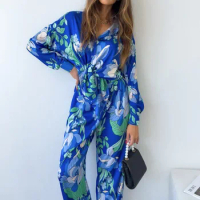 Flower Print Sleepwear Women's Set Long Sleeve High Waist Home Suit for Ladies Fashion Single-Breasted Satin Pajama Sets