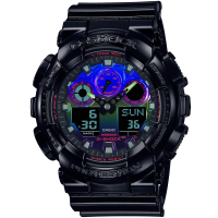 【CASIO 卡西歐】G-SHOCK 嘻哈電音雙顯樹脂腕錶/黑(GA-100RGB-1A)