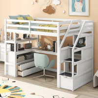Twin Size Loft Bed,Kids bed with Desk and Shelves,Multifunctionl Loft bed with 2 Built-in Drawers &amp; Storage Staircase,White