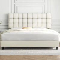 King Upholstered Bed Frames, Platform Beds Frame with Square Tufted Fabric Headboard Height Adjustable, King Size Bed Frame