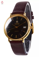 Lobor Lobor Dress Watch - Jam Tangan Analog Pria - Gold Case Black Dial Brown Leather Strap - D2703