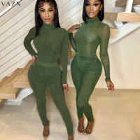 VAZN 2022 New Arrival Sexy Club See Though Lace Young Turtleneck Full Sleeve Top High Waist Long Pants Women 2 Piece Set