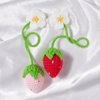 Cute Strawberry Car Pendant Car Rearview Mirror Hanging Ornament Knitted Daisy Car Interior Decoration Bag Pendant Lanyard
