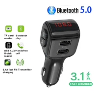 Hands-free Wireless Bluetooth 5.0 Car Kit FM Transmitter 3.1A Fast Charging Dual USB Charger Support TF Card Car MP3 Player