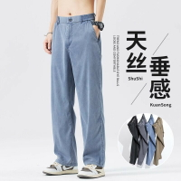 夏季超薄款天絲牛仔褲男 半松紧腰 舒适时尚裤子 4色可选大尺码直筒裤 百搭冰絲男裤 透氣潮牌寬鬆寬褲    男士休閒長褲
